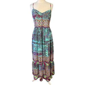 Betsey Johnson VTG Y2K Boho Multicolor Strappy Maxi Slip Dress Ruffle Hem 10